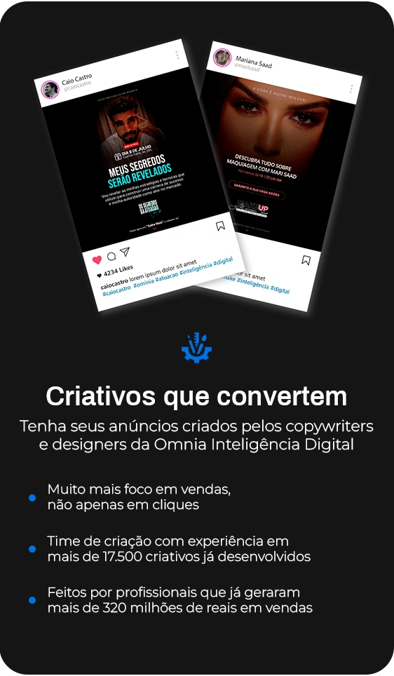 Criativos que convertem: Criação de anúncios, vídeos, imagens e copywriting otimizados para aumentar a taxa de conversão e engajamento nas suas campanhas de marketing digital