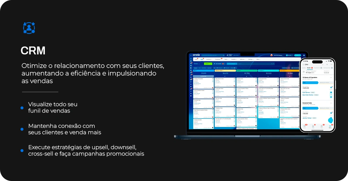 CRM: Gestão de relacionamento com clientes através de sistemas integrados para organizar contatos, automatizar processos de vendas, acompanhar oportunidades e melhorar o atendimento ao cliente